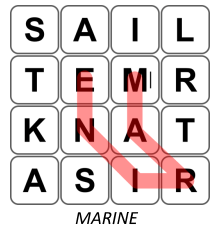 Example of valid word in Boggle.
